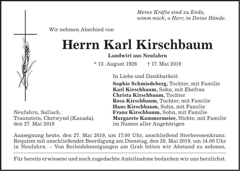 Traueranzeige Karl Kirschbaum