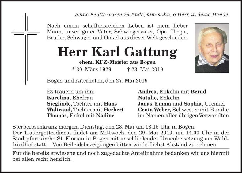 Traueranzeige Karl Gattung