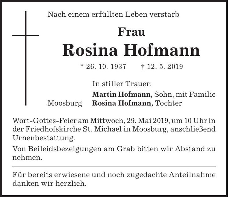 Traueranzeige Rosina Hofmann