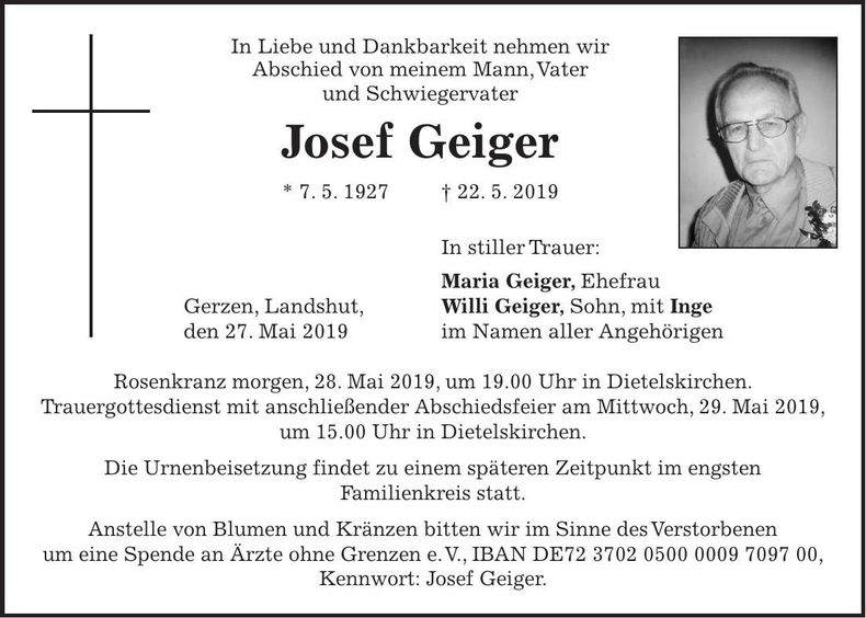 Traueranzeige Josef Geiger