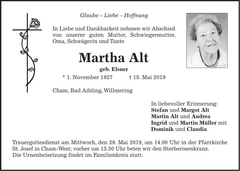Traueranzeige Martha Alt