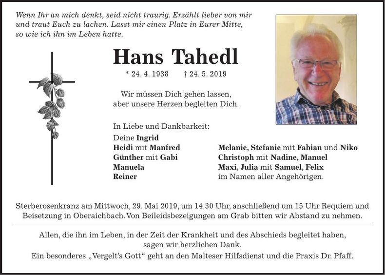 Traueranzeige Hans Tahedl