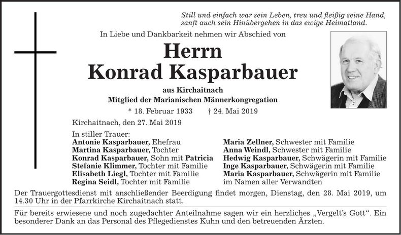 Traueranzeige Konrad Kasparbauer