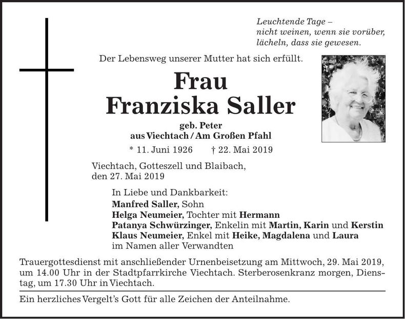 Traueranzeige Franziska Saller
