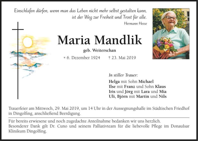 Traueranzeige Maria Mandlik