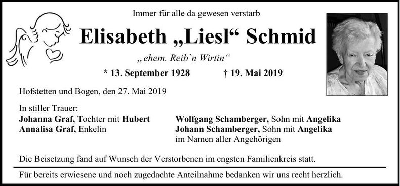 Traueranzeige Elisabeth Schmid