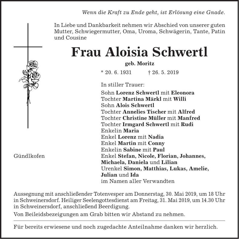 Traueranzeige Aloisia Schwertl
