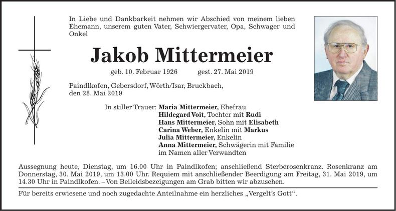 Traueranzeige Jakob Mittermeier