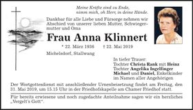 Traueranzeige Anna Klinnert