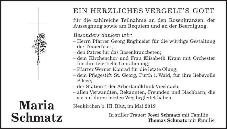 Traueranzeige Maria Schmatz