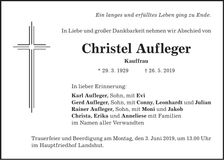 Traueranzeige Christel Aufleger