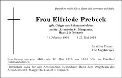 Traueranzeige Elfriede Prebeck