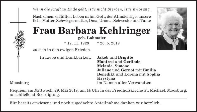 Traueranzeige Barbara Kehlringer