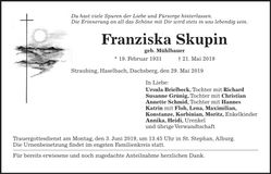 Traueranzeige Franziska Skupin
