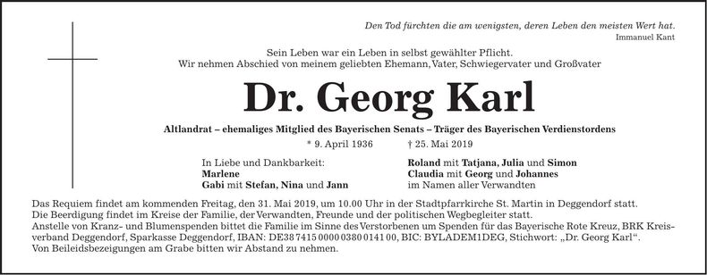 Traueranzeige Dr. Georg Karl