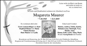Traueranzeige Maurer Magareta