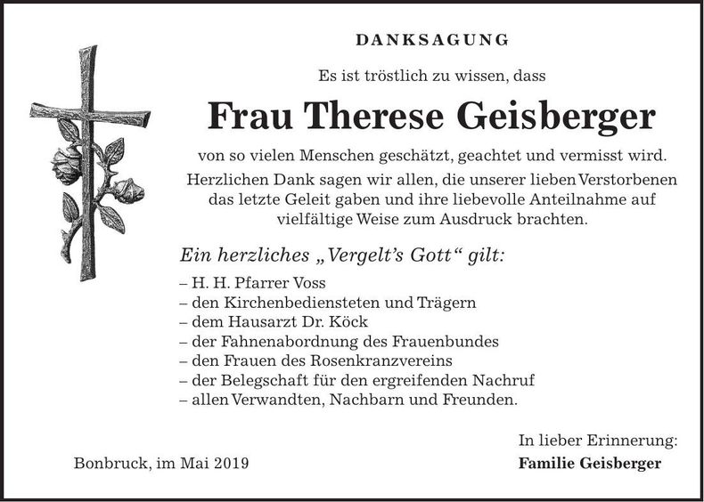 Traueranzeige Therese Geisberger