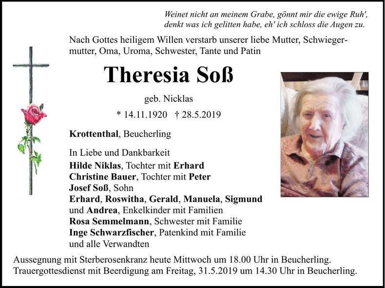 Traueranzeige Theresia Soß
