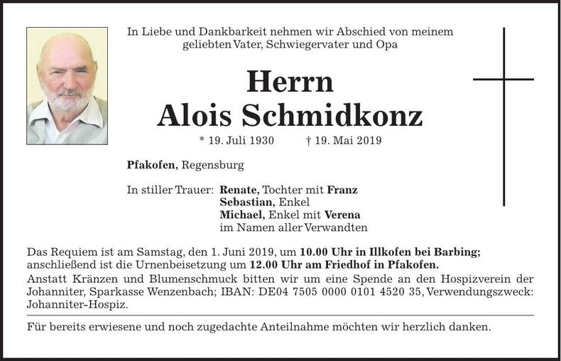Traueranzeige Alois Schmidkonz