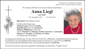 Traueranzeige Anna Liegl