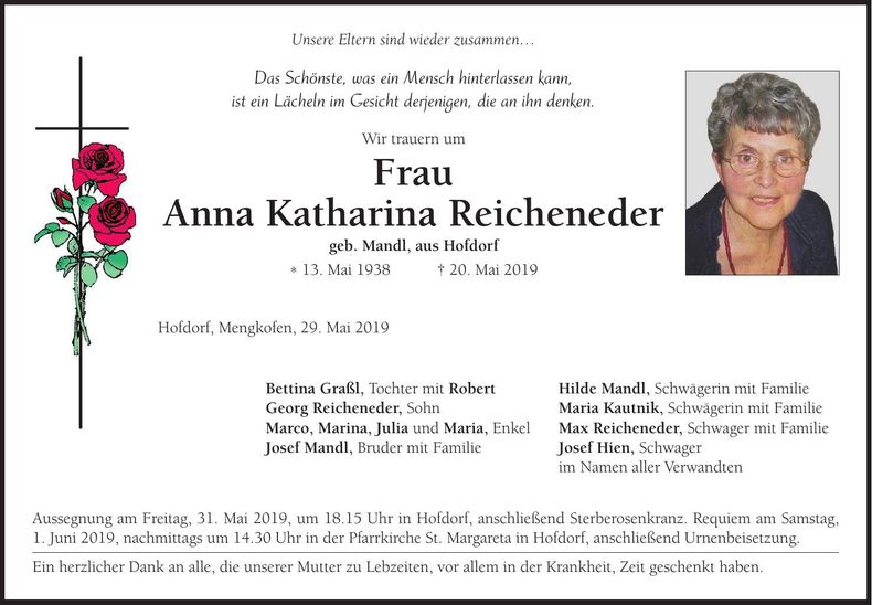 Traueranzeige Anna Katharina Reicheneder