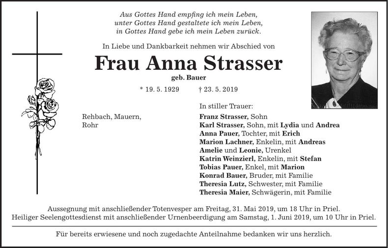 Traueranzeige Anna Strasser
