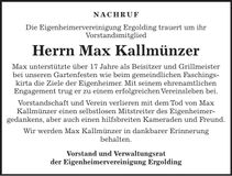 Traueranzeige Max Kallmünzer