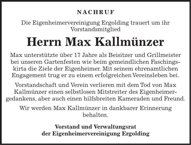 Traueranzeige Max Kallmünzer