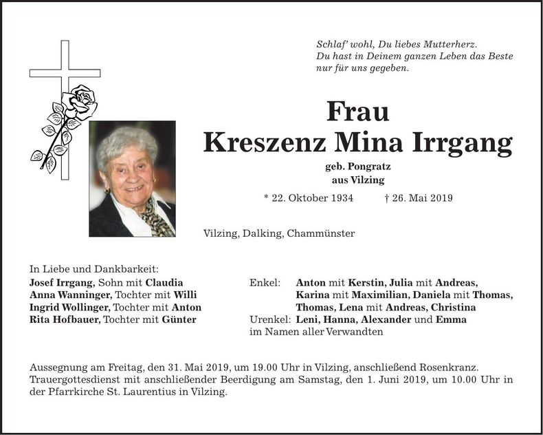Traueranzeige Kreszenz Mina Irrgang