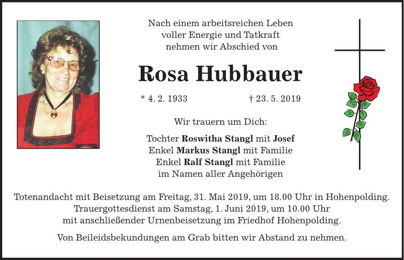 Traueranzeige Rosa Hubbauer