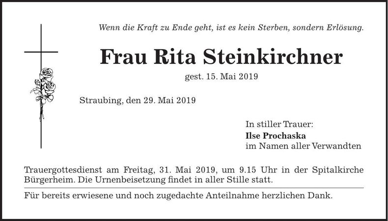 Traueranzeige Rita Steinkirchner