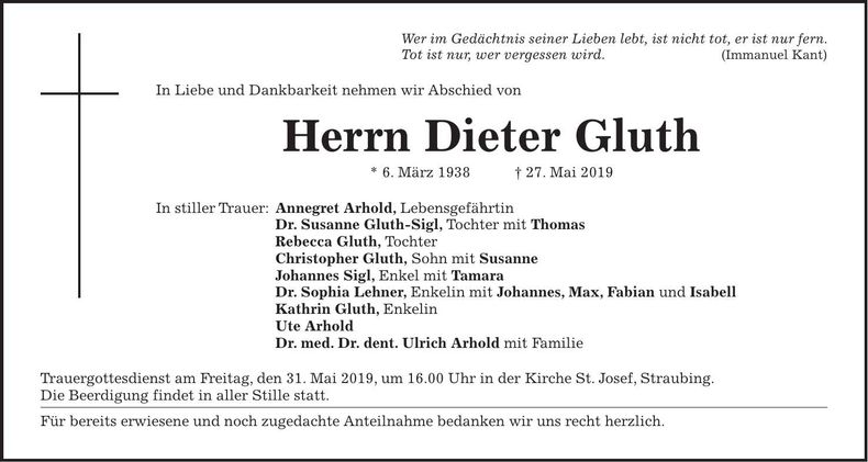Traueranzeige Dieter Gluth