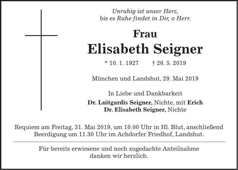 Traueranzeige Elisabeth Seigner