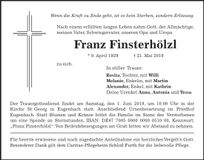 Traueranzeige Franz Finsterhölzl