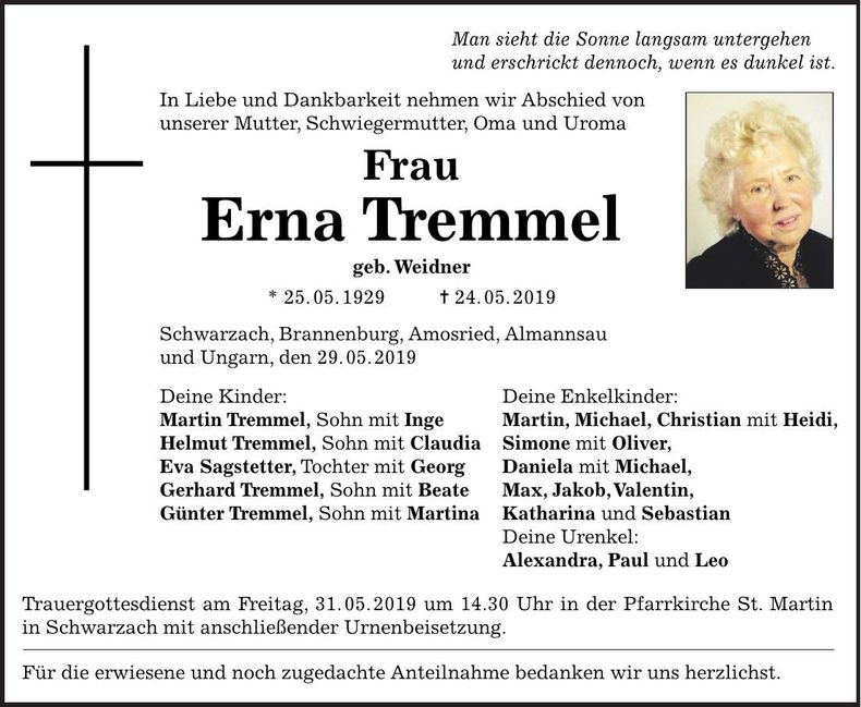 Traueranzeige Erna Tremmel