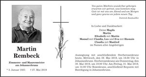 Traueranzeige Martin Rembeck