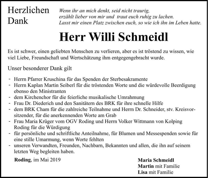 Traueranzeige Willi Schmeidl