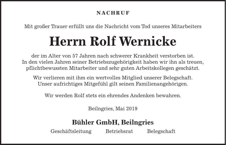 Traueranzeige Rolf Wernicke