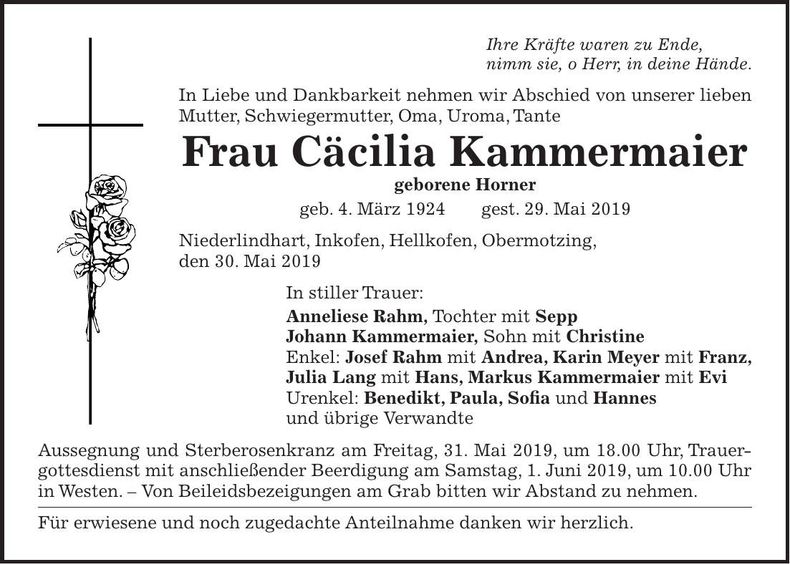 Traueranzeige Cäcilia Kammermeier