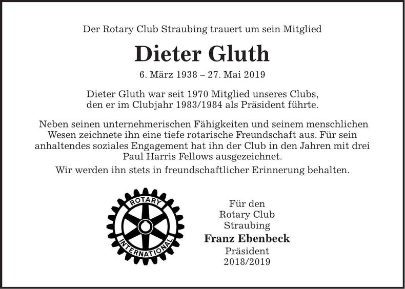 Traueranzeige Dieter Gluth