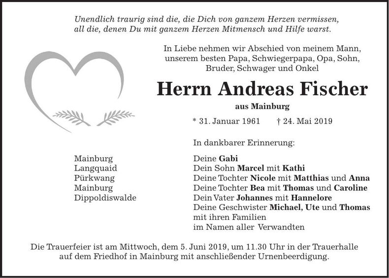 Traueranzeige Andreas Fischer