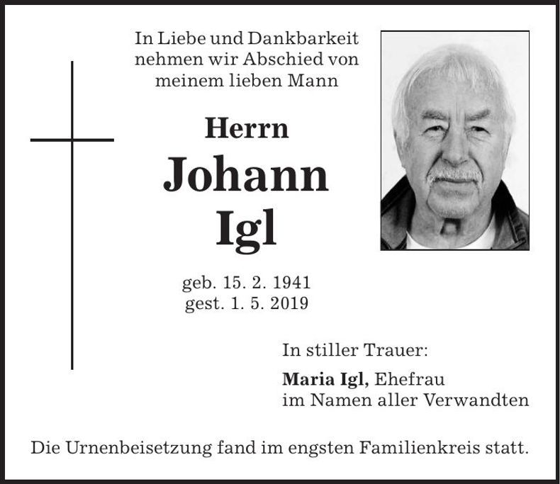 Traueranzeige Johann Igl