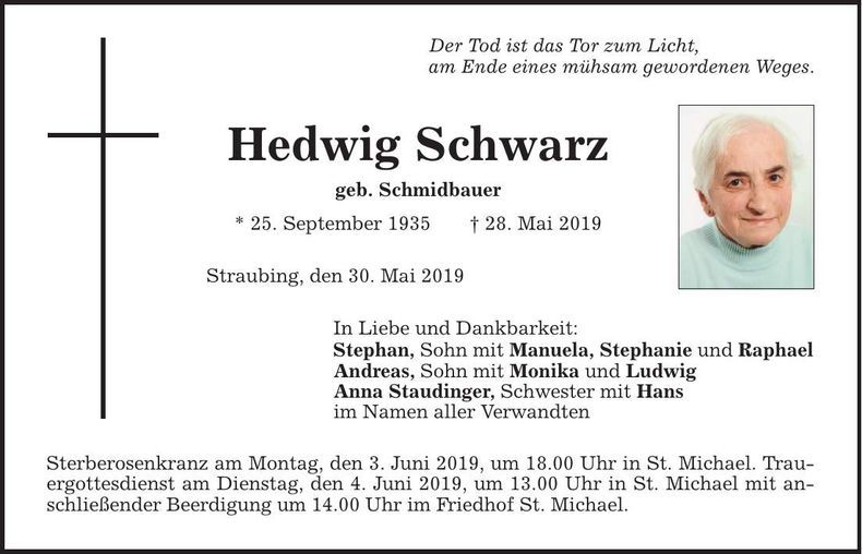 Traueranzeige Hedwig Schwarz