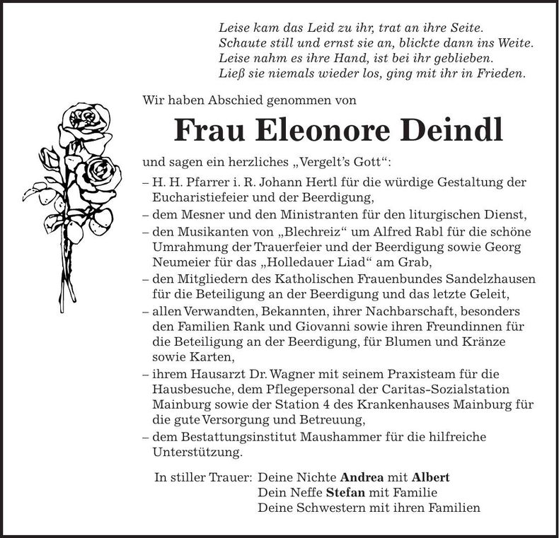 Traueranzeige Eleonore Deindl
