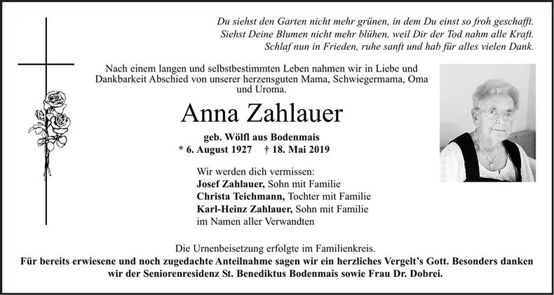 Traueranzeige Anna Zahlauer