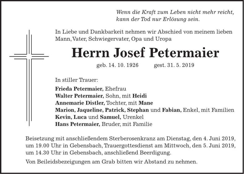 Traueranzeige Josef Petermaier