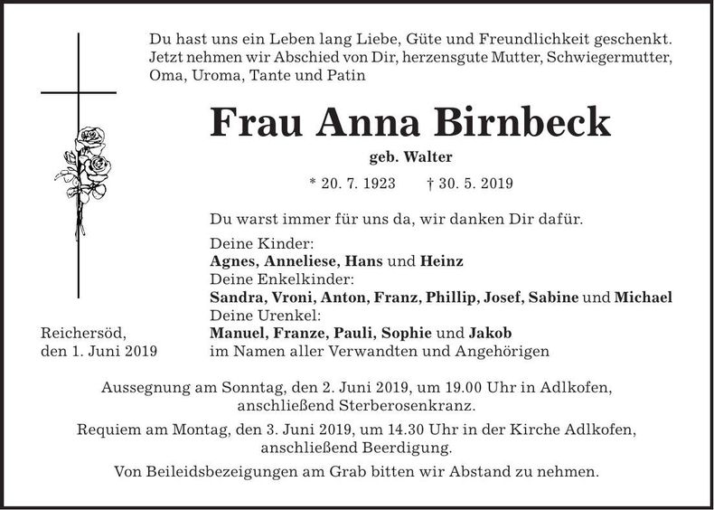 Traueranzeige Anna Birnbeck