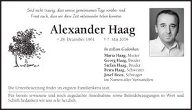 Traueranzeige Alexander Haag
