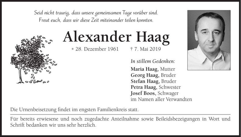 Traueranzeige Alexander Haag