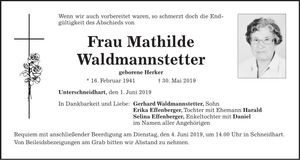 Traueranzeige Mathilde Waldmannstetter